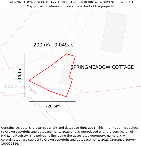 SPRINGMEADOW COTTAGE, APPLETREE LANE, INKBERROW, WORCESTER, WR7 4JA: Plot and title map