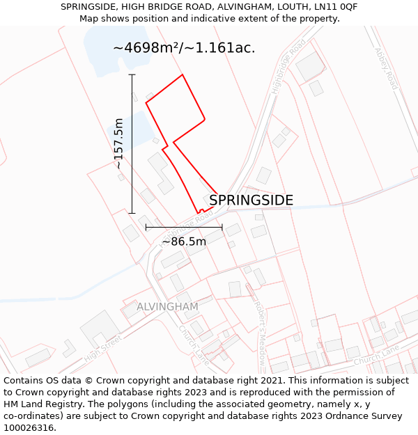 SPRINGSIDE, HIGH BRIDGE ROAD, ALVINGHAM, LOUTH, LN11 0QF: Plot and title map