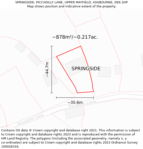 SPRINGSIDE, PICCADILLY LANE, UPPER MAYFIELD, ASHBOURNE, DE6 2HP: Plot and title map