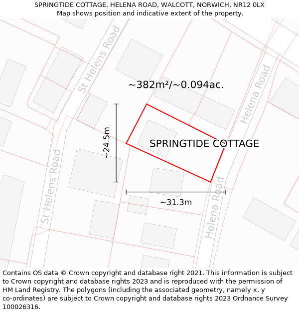 SPRINGTIDE COTTAGE, HELENA ROAD, WALCOTT, NORWICH, NR12 0LX: Plot and title map