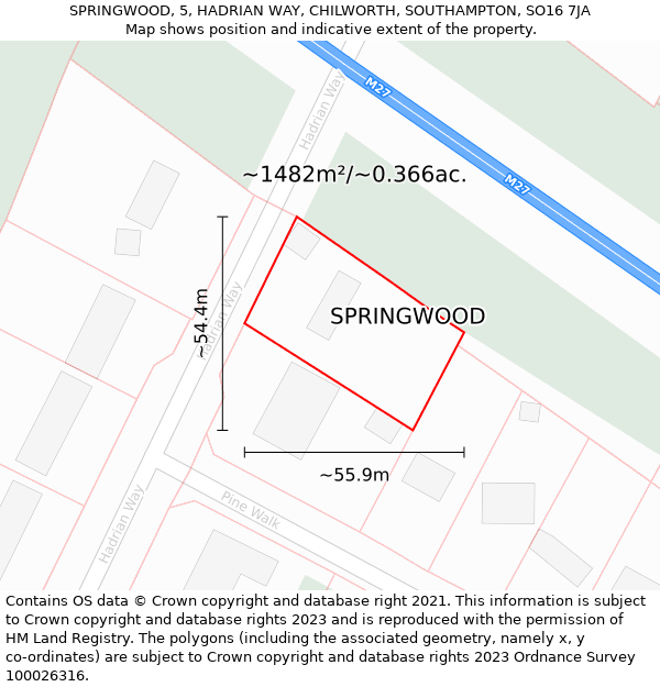 SPRINGWOOD, 5, HADRIAN WAY, CHILWORTH, SOUTHAMPTON, SO16 7JA: Plot and title map