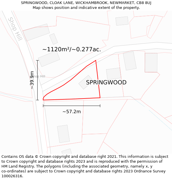 SPRINGWOOD, CLOAK LANE, WICKHAMBROOK, NEWMARKET, CB8 8UJ: Plot and title map