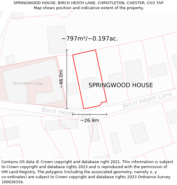 SPRINGWOOD HOUSE, BIRCH HEATH LANE, CHRISTLETON, CHESTER, CH3 7AP: Plot and title map