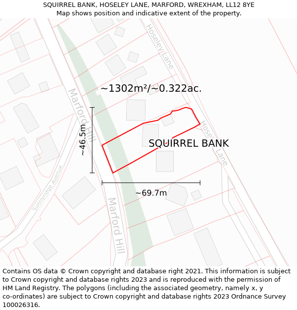 SQUIRREL BANK, HOSELEY LANE, MARFORD, WREXHAM, LL12 8YE: Plot and title map