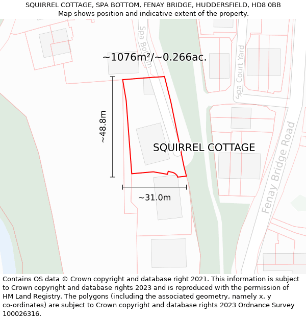 SQUIRREL COTTAGE, SPA BOTTOM, FENAY BRIDGE, HUDDERSFIELD, HD8 0BB: Plot and title map