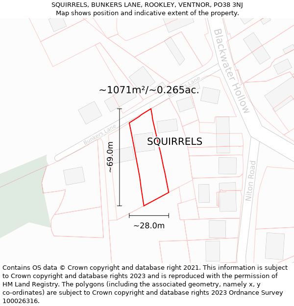 SQUIRRELS, BUNKERS LANE, ROOKLEY, VENTNOR, PO38 3NJ: Plot and title map