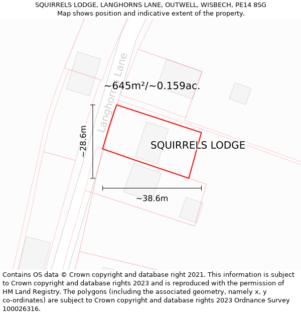 SQUIRRELS LODGE, LANGHORNS LANE, OUTWELL, WISBECH, PE14 8SG: Plot and title map