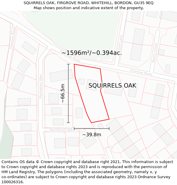 SQUIRRELS OAK, FIRGROVE ROAD, WHITEHILL, BORDON, GU35 9EQ: Plot and title map