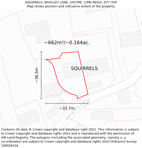 SQUIRRELS, WHALLEY LANE, UPLYME, LYME REGIS, DT7 3UP: Plot and title map