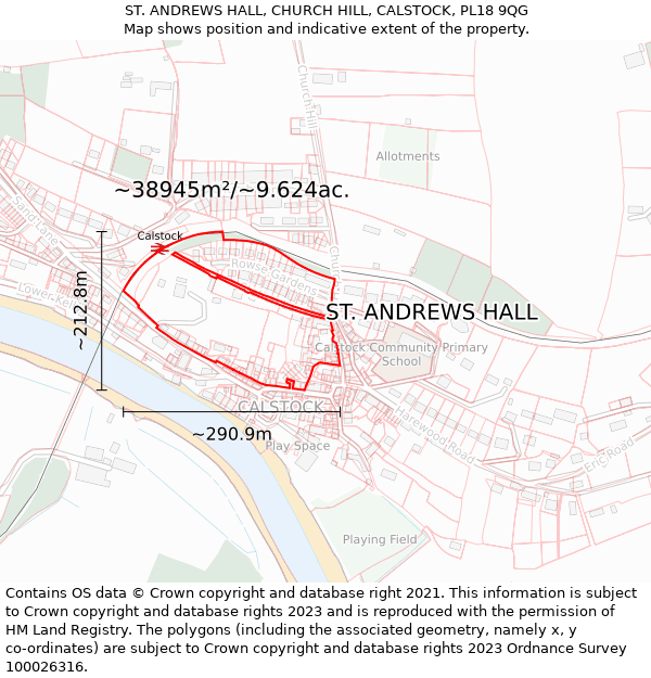 ST. ANDREWS HALL, CHURCH HILL, CALSTOCK, PL18 9QG: Plot and title map