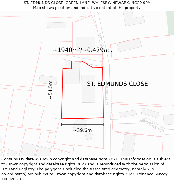 ST. EDMUNDS CLOSE, GREEN LANE, WALESBY, NEWARK, NG22 9PA: Plot and title map