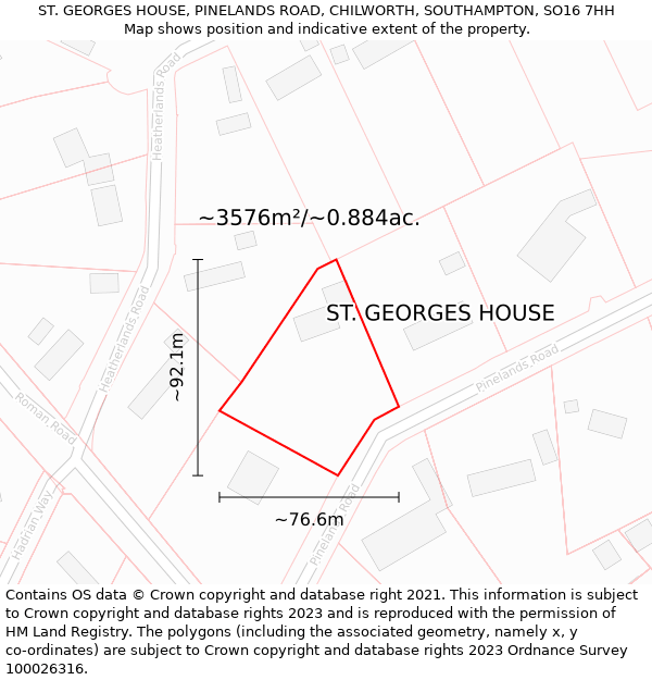 ST. GEORGES HOUSE, PINELANDS ROAD, CHILWORTH, SOUTHAMPTON, SO16 7HH: Plot and title map