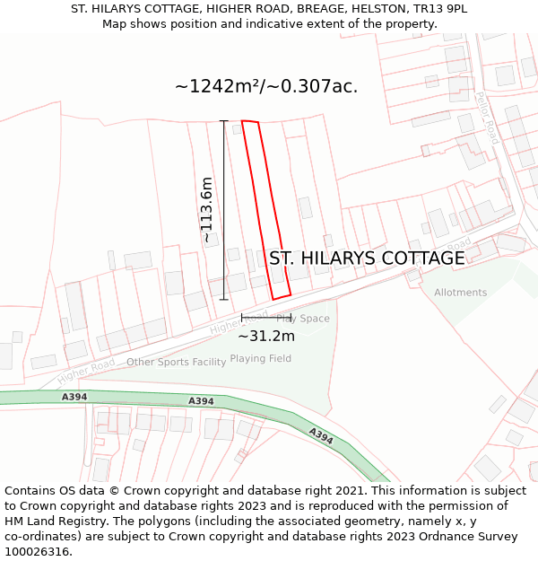 ST. HILARYS COTTAGE, HIGHER ROAD, BREAGE, HELSTON, TR13 9PL: Plot and title map