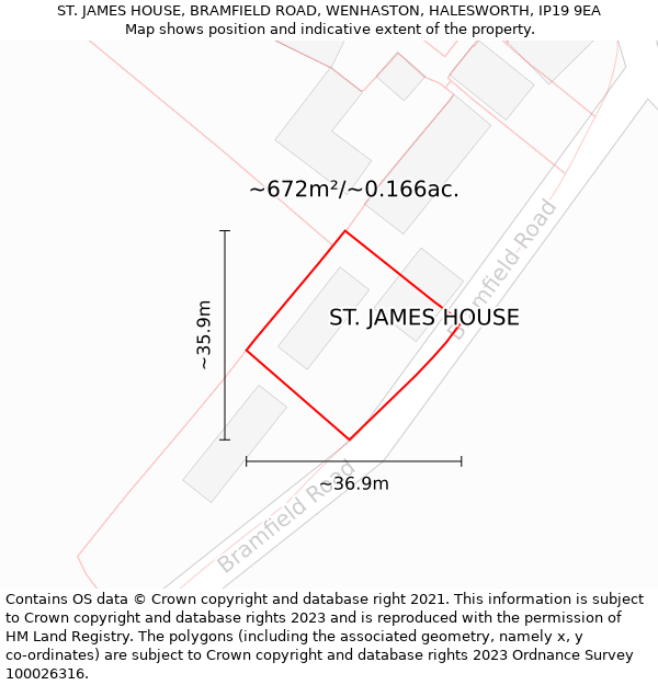 ST. JAMES HOUSE, BRAMFIELD ROAD, WENHASTON, HALESWORTH, IP19 9EA: Plot and title map