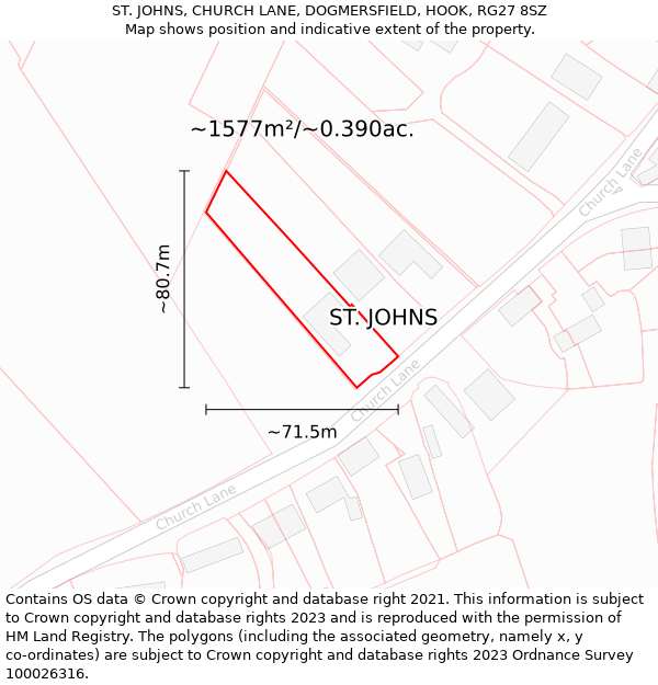 ST. JOHNS, CHURCH LANE, DOGMERSFIELD, HOOK, RG27 8SZ: Plot and title map