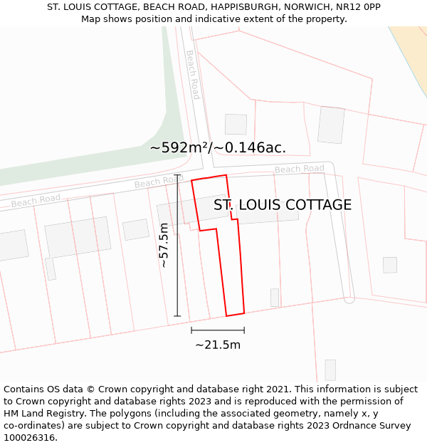 ST. LOUIS COTTAGE, BEACH ROAD, HAPPISBURGH, NORWICH, NR12 0PP: Plot and title map