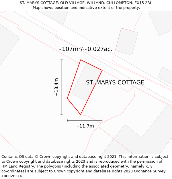 ST. MARYS COTTAGE, OLD VILLAGE, WILLAND, CULLOMPTON, EX15 2RL: Plot and title map