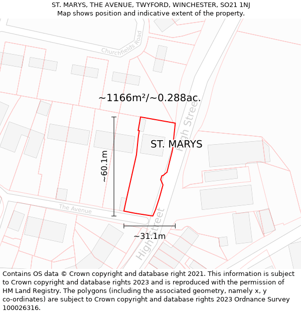ST. MARYS, THE AVENUE, TWYFORD, WINCHESTER, SO21 1NJ: Plot and title map