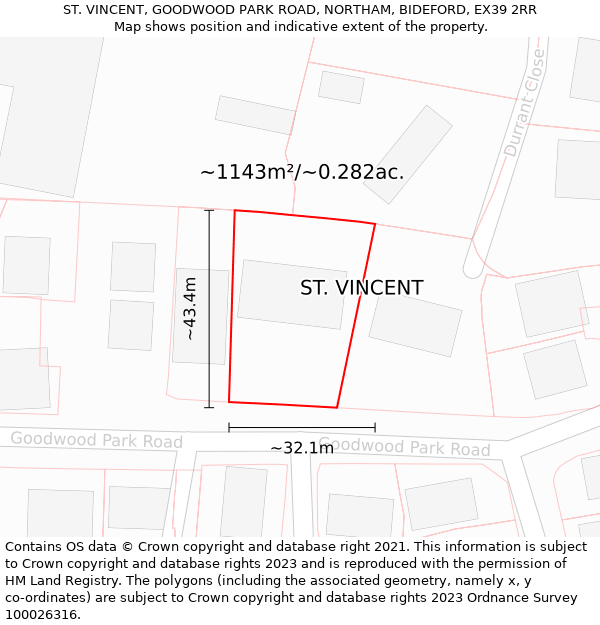 ST. VINCENT, GOODWOOD PARK ROAD, NORTHAM, BIDEFORD, EX39 2RR: Plot and title map