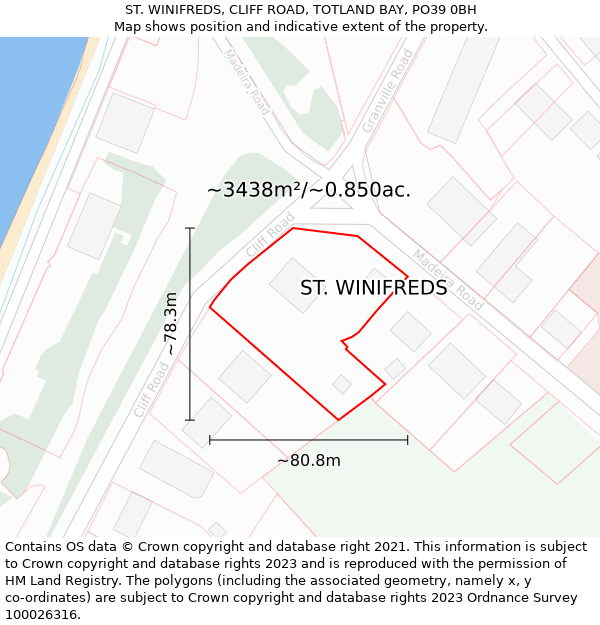 ST. WINIFREDS, CLIFF ROAD, TOTLAND BAY, PO39 0BH: Plot and title map