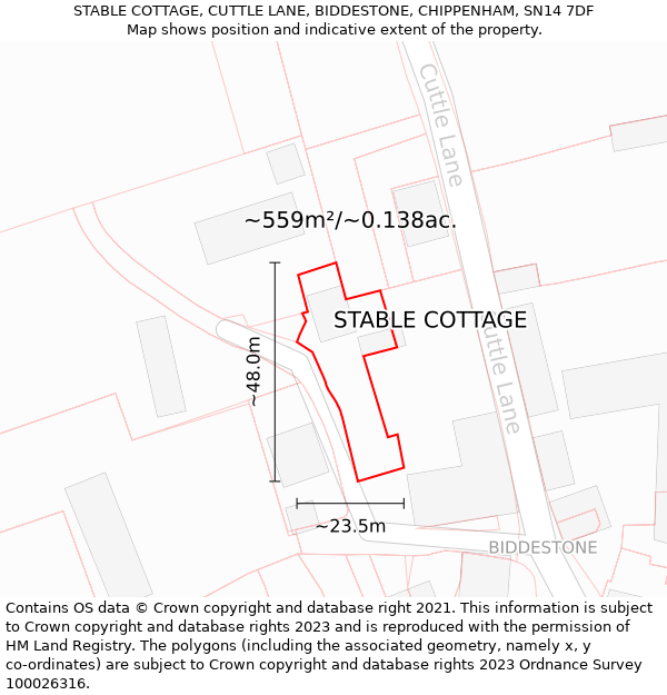 STABLE COTTAGE, CUTTLE LANE, BIDDESTONE, CHIPPENHAM, SN14 7DF: Plot and title map