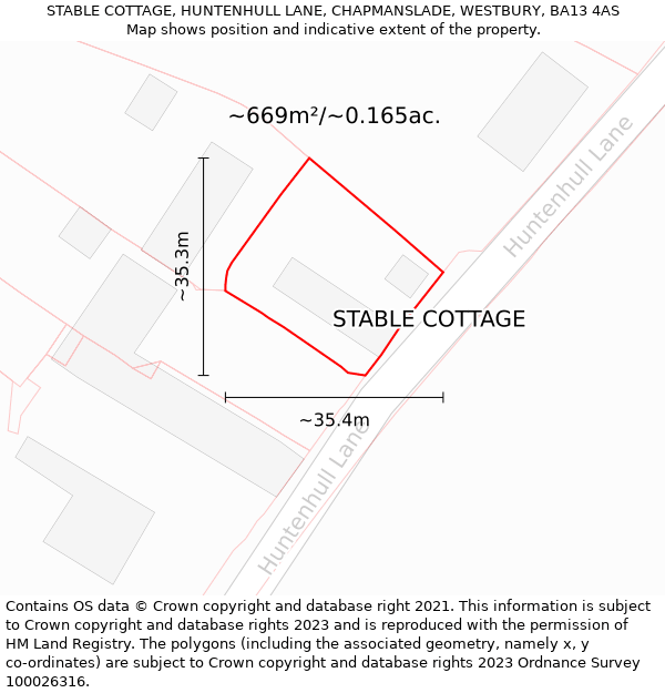 STABLE COTTAGE, HUNTENHULL LANE, CHAPMANSLADE, WESTBURY, BA13 4AS: Plot and title map