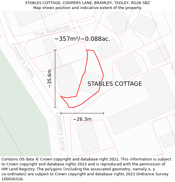 STABLES COTTAGE, COOPERS LANE, BRAMLEY, TADLEY, RG26 5BZ: Plot and title map