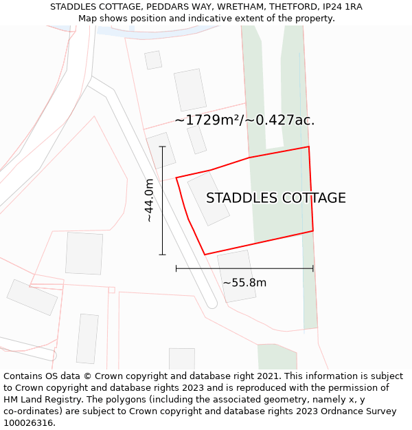 STADDLES COTTAGE, PEDDARS WAY, WRETHAM, THETFORD, IP24 1RA: Plot and title map