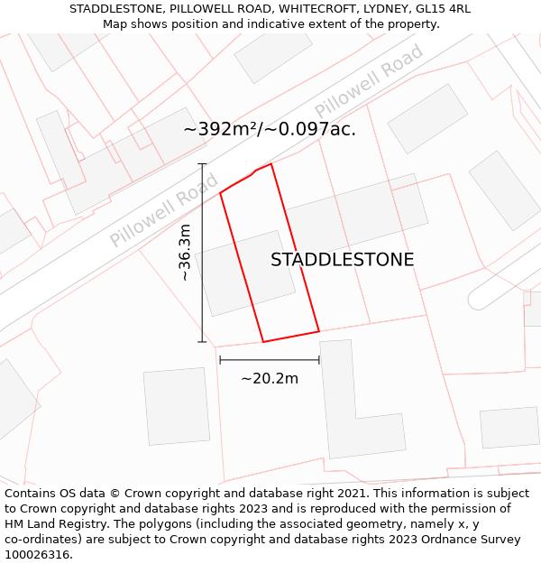 STADDLESTONE, PILLOWELL ROAD, WHITECROFT, LYDNEY, GL15 4RL: Plot and title map