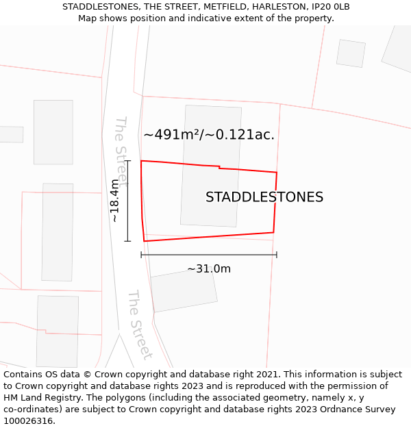 STADDLESTONES, THE STREET, METFIELD, HARLESTON, IP20 0LB: Plot and title map