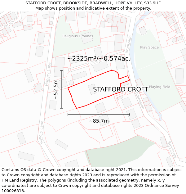 STAFFORD CROFT, BROOKSIDE, BRADWELL, HOPE VALLEY, S33 9HF: Plot and title map