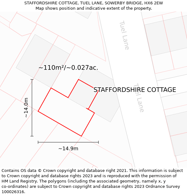 STAFFORDSHIRE COTTAGE, TUEL LANE, SOWERBY BRIDGE, HX6 2EW: Plot and title map