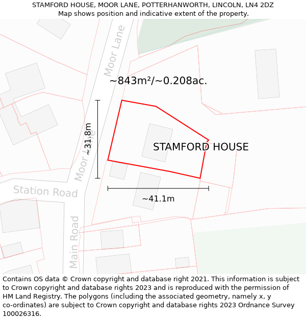 STAMFORD HOUSE, MOOR LANE, POTTERHANWORTH, LINCOLN, LN4 2DZ: Plot and title map