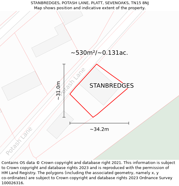 STANBREDGES, POTASH LANE, PLATT, SEVENOAKS, TN15 8NJ: Plot and title map