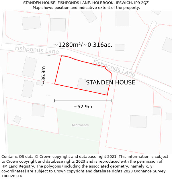 STANDEN HOUSE, FISHPONDS LANE, HOLBROOK, IPSWICH, IP9 2QZ: Plot and title map