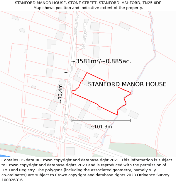 STANFORD MANOR HOUSE, STONE STREET, STANFORD, ASHFORD, TN25 6DF: Plot and title map