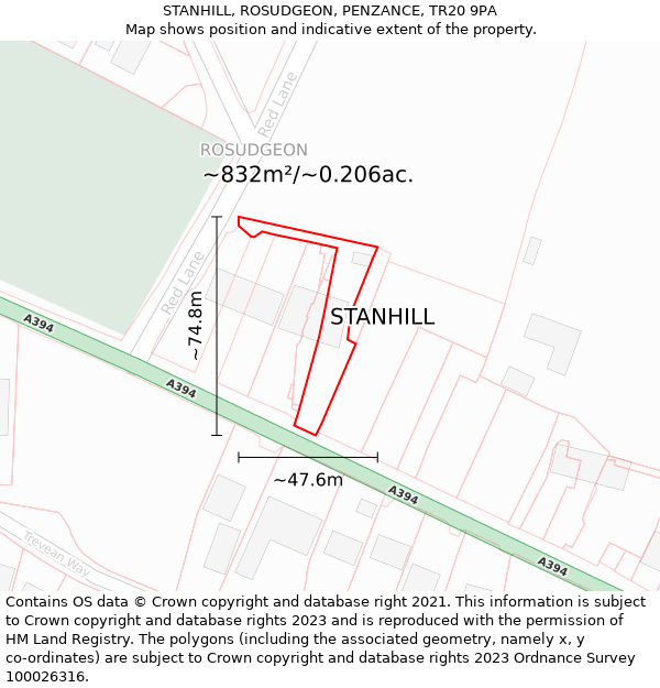 STANHILL, ROSUDGEON, PENZANCE, TR20 9PA: Plot and title map