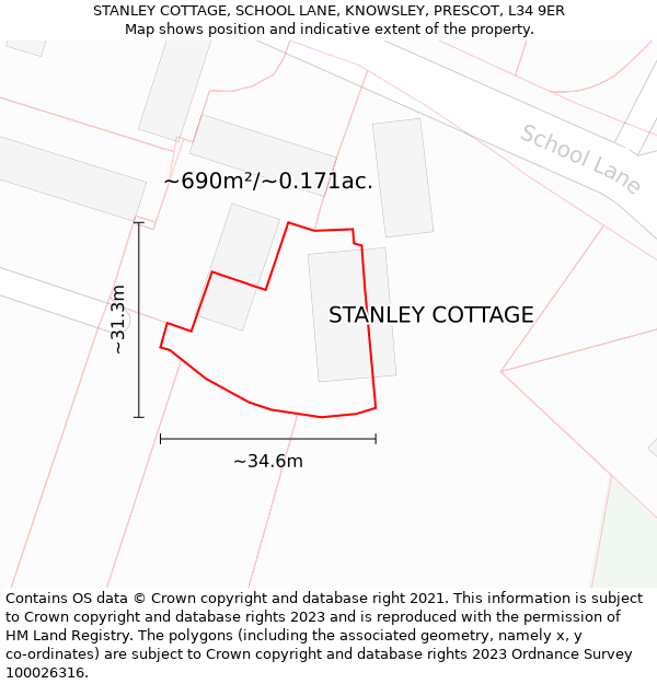 STANLEY COTTAGE, SCHOOL LANE, KNOWSLEY, PRESCOT, L34 9ER: Plot and title map