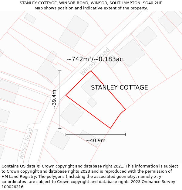 STANLEY COTTAGE, WINSOR ROAD, WINSOR, SOUTHAMPTON, SO40 2HP: Plot and title map