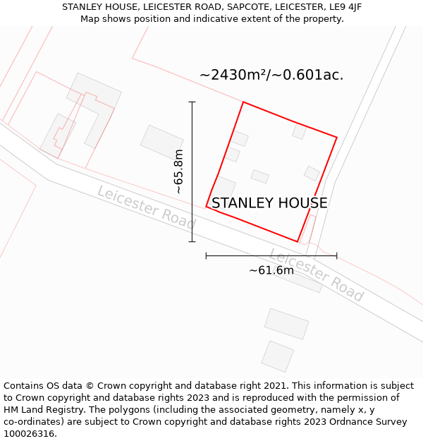 STANLEY HOUSE, LEICESTER ROAD, SAPCOTE, LEICESTER, LE9 4JF: Plot and title map