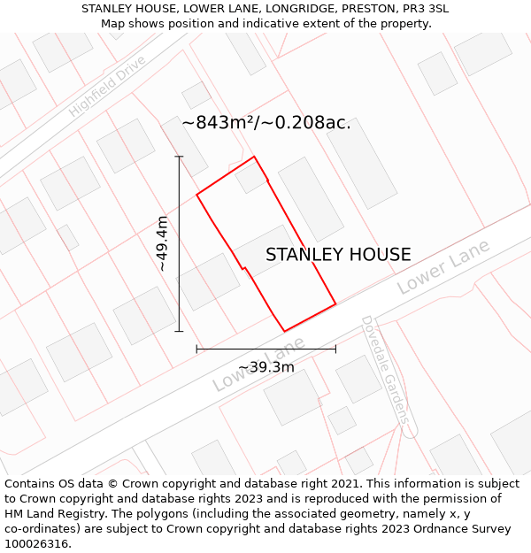 STANLEY HOUSE, LOWER LANE, LONGRIDGE, PRESTON, PR3 3SL: Plot and title map