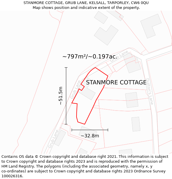 STANMORE COTTAGE, GRUB LANE, KELSALL, TARPORLEY, CW6 0QU: Plot and title map