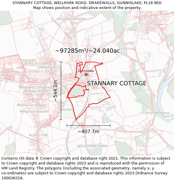 STANNARY COTTAGE, WELLPARK ROAD, DRAKEWALLS, GUNNISLAKE, PL18 9ED: Plot and title map