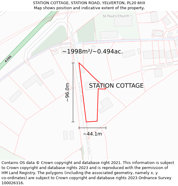 STATION COTTAGE, STATION ROAD, YELVERTON, PL20 6HX: Plot and title map