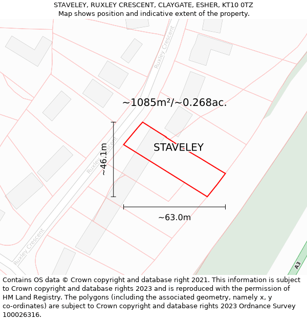 STAVELEY, RUXLEY CRESCENT, CLAYGATE, ESHER, KT10 0TZ: Plot and title map