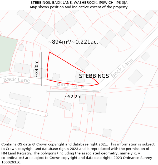 STEBBINGS, BACK LANE, WASHBROOK, IPSWICH, IP8 3JA: Plot and title map