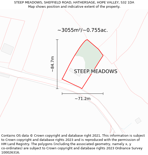 STEEP MEADOWS, SHEFFIELD ROAD, HATHERSAGE, HOPE VALLEY, S32 1DA: Plot and title map