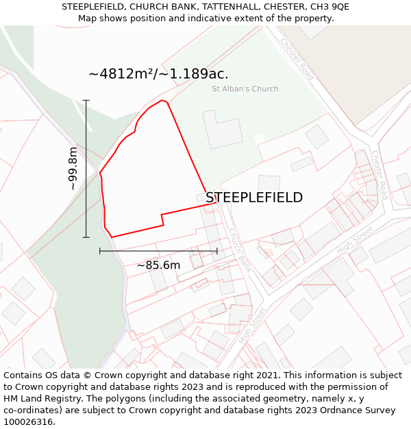 STEEPLEFIELD, CHURCH BANK, TATTENHALL, CHESTER, CH3 9QE: Plot and title map