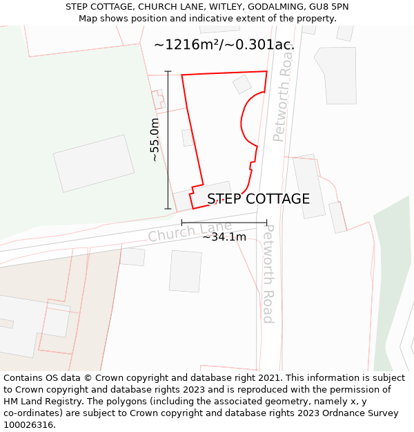 STEP COTTAGE, CHURCH LANE, WITLEY, GODALMING, GU8 5PN: Plot and title map