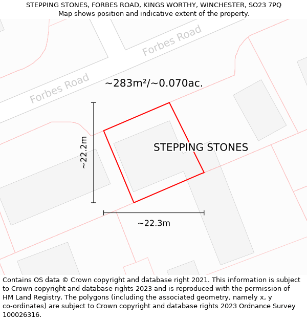 STEPPING STONES, FORBES ROAD, KINGS WORTHY, WINCHESTER, SO23 7PQ: Plot and title map